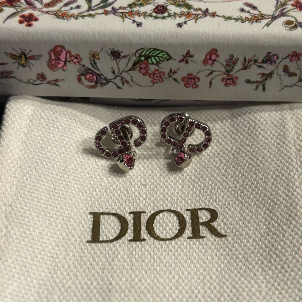 Dior Petite Cd Stud Earrings Palladium Finish Pink Crystal